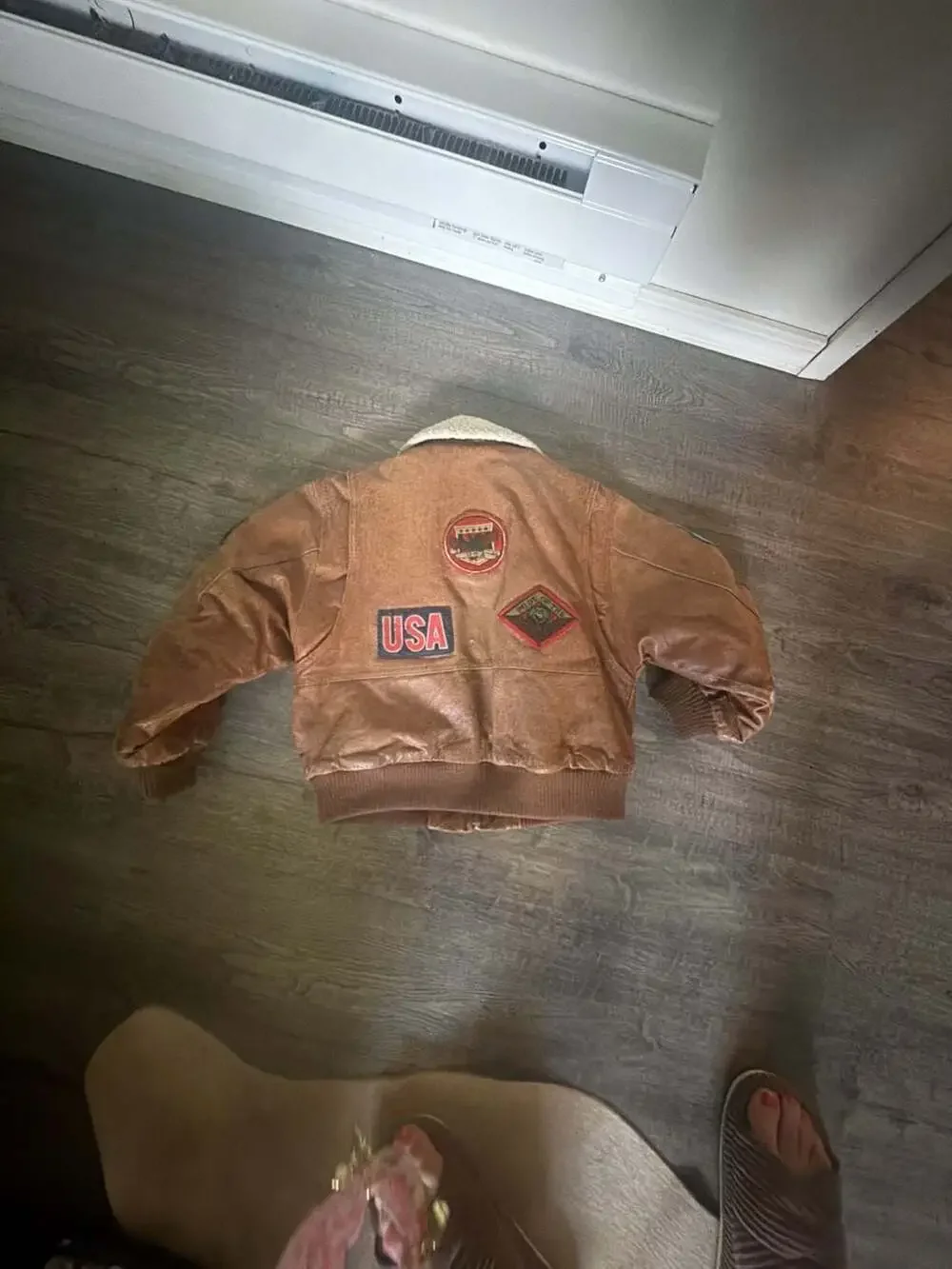 Vintage Climate Control Kids Leather Bomber Flight Jacket with Patches